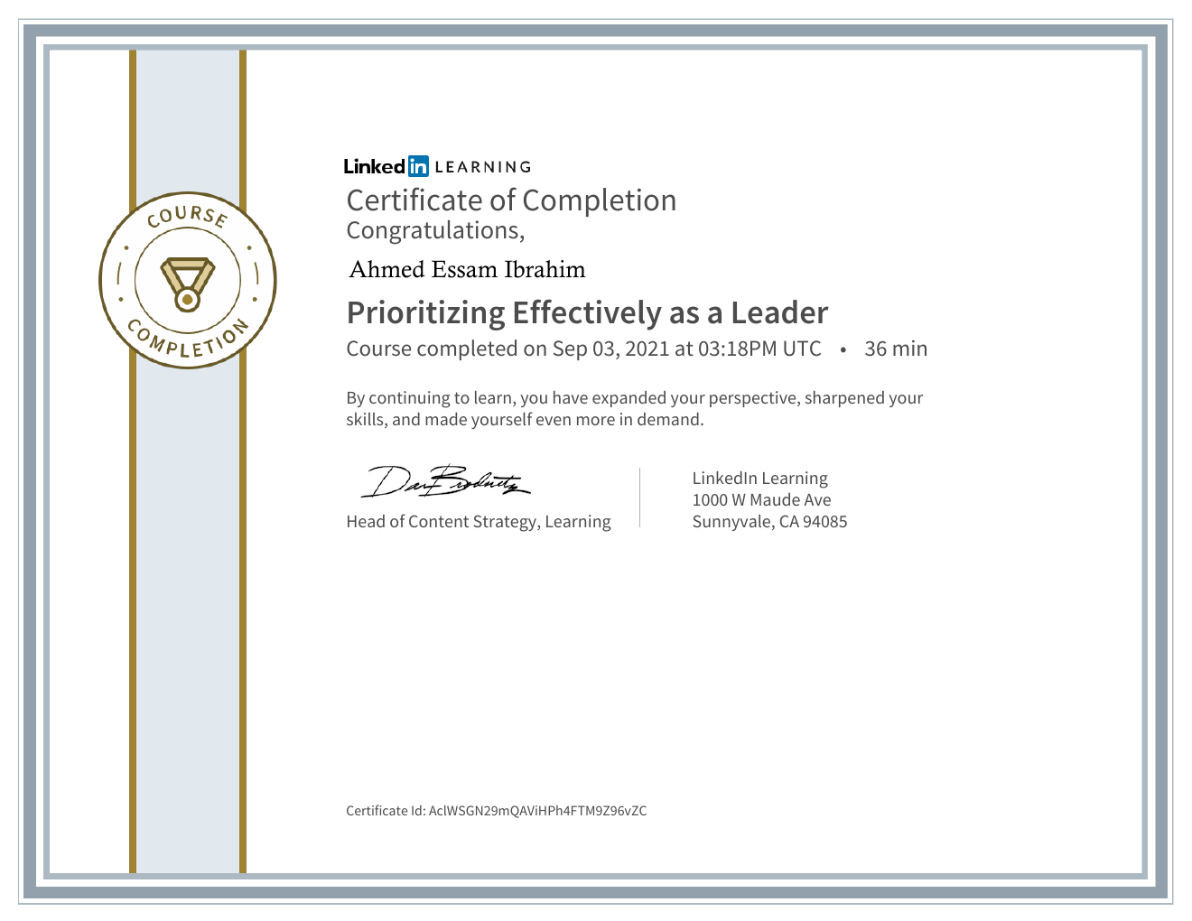 Prioritizing Effectively as a Leader certificate preview
