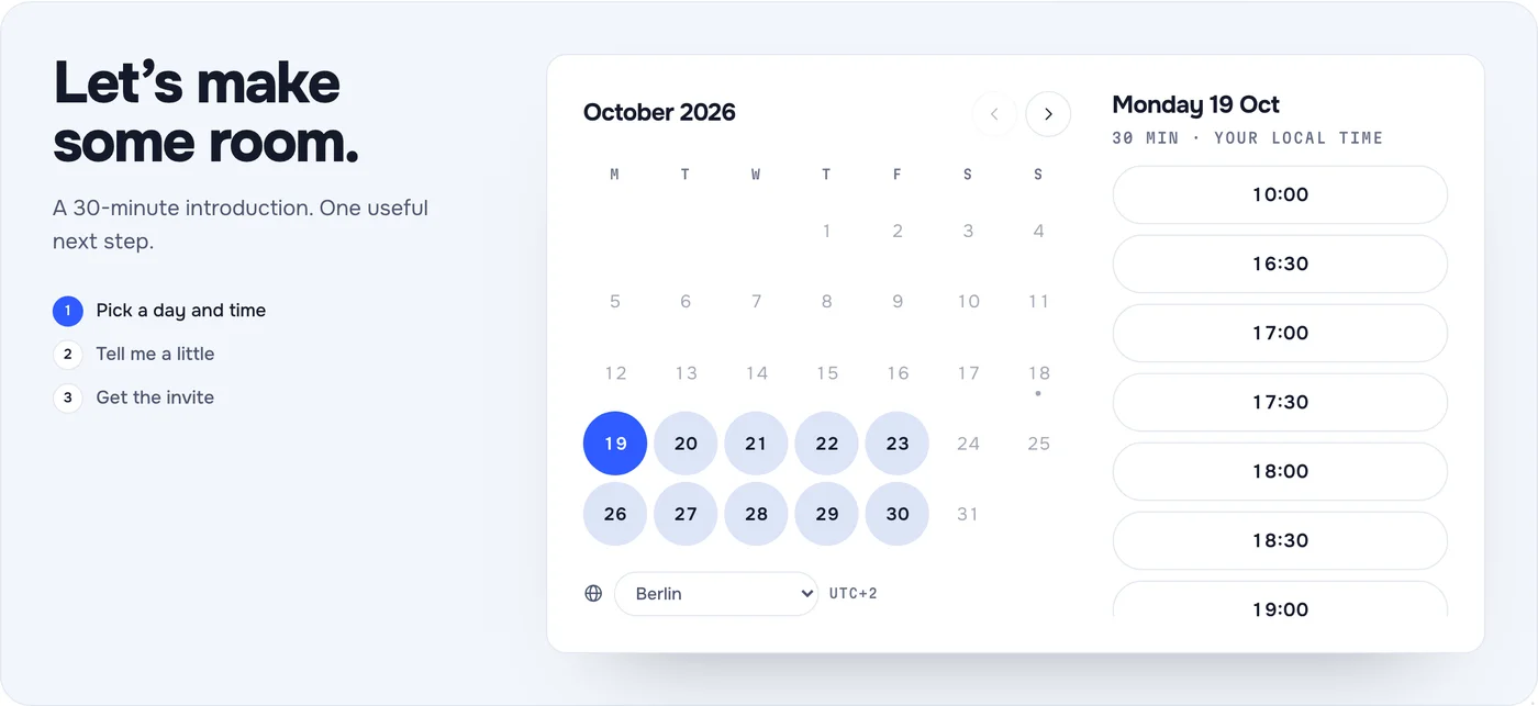 The booking step: a 3 step tracker, an October 2026 calendar with weekdays highlighted, a Berlin time zone picker and a list of free times for Monday 19 October