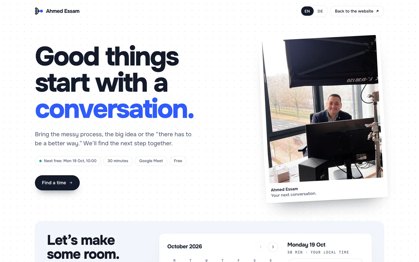 The live booking page on book.crmmeister.com: the headline Good things start with a conversation, chips for the next free slot, 30 minutes, Google Meet and Free, and a tilted polaroid of Ahmed at his desk